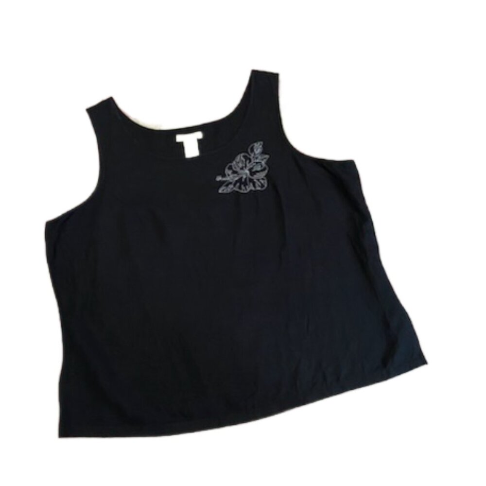 ISLANDER Womens 1X Black Linen Blend Sleeveless Top Embroidered Beaded Hibiscus